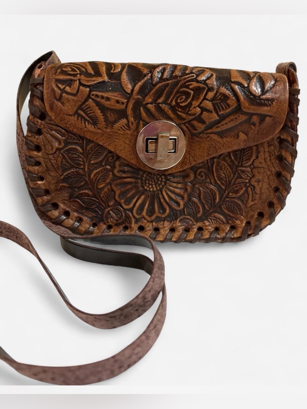 Hand-Tooled Brown Leather Crossbody Bag